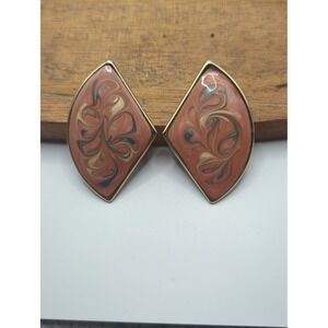 Vintage Geometric Fan Marbled Enamel Post Earrings Gold Tone Terracotta Blue